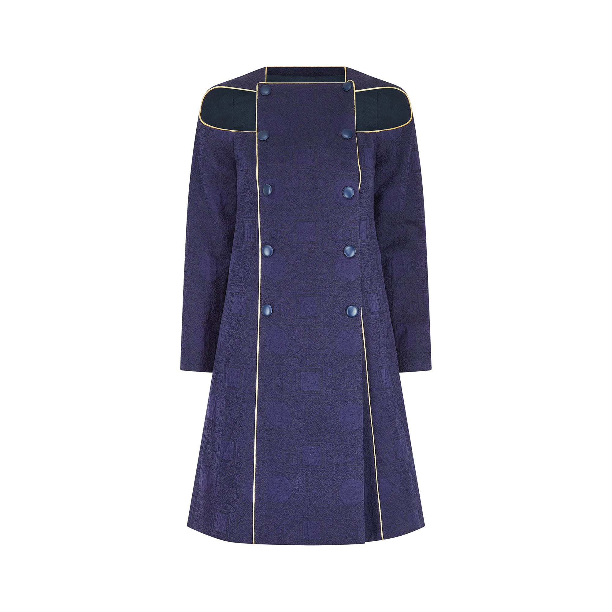 1980s Paco Rabanne Haute Couture Navy Cut-out Coat Dress with Gold Lame Trim