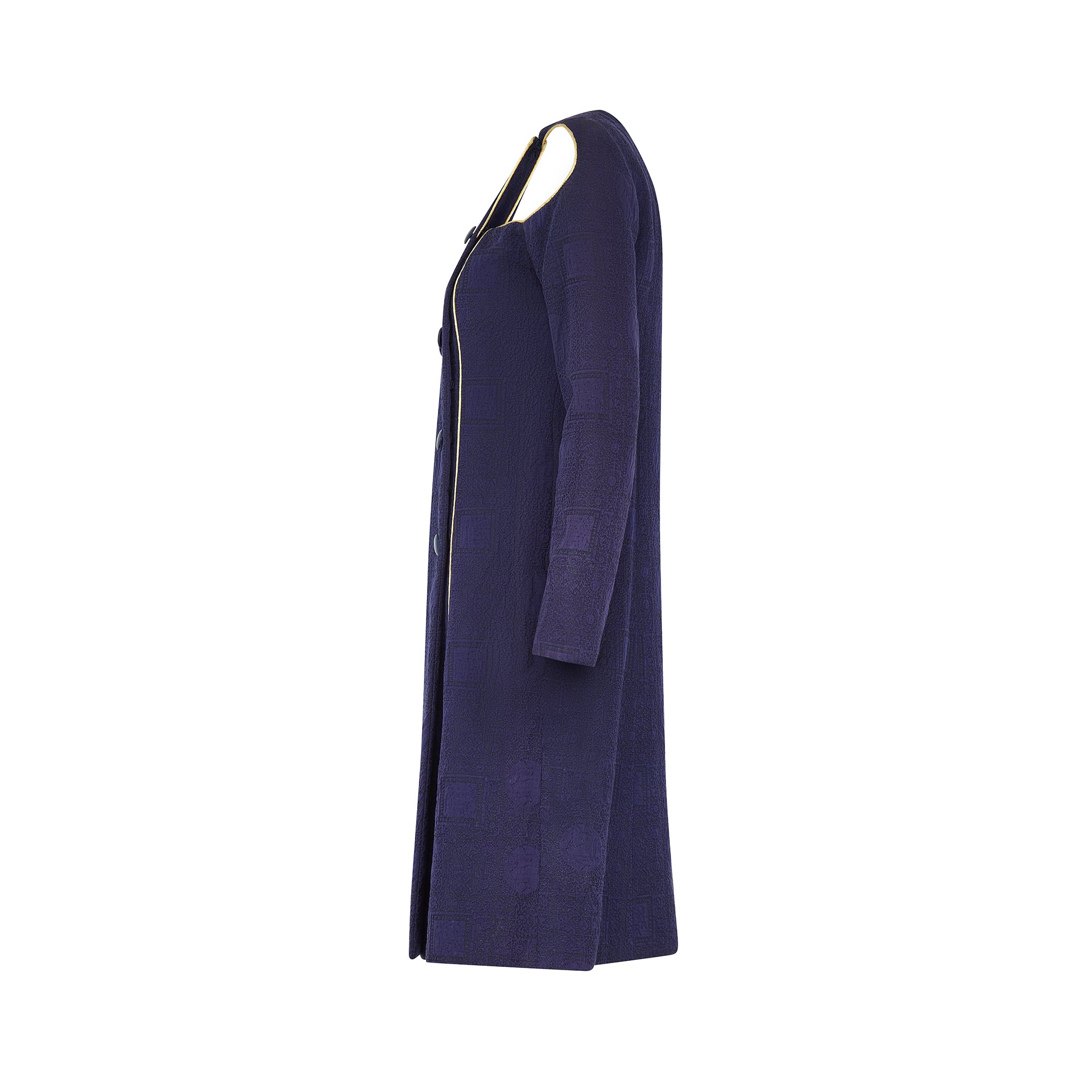 1980s Paco Rabanne Haute Couture Navy Cut-out Coat Dress with Gold Lame Trim