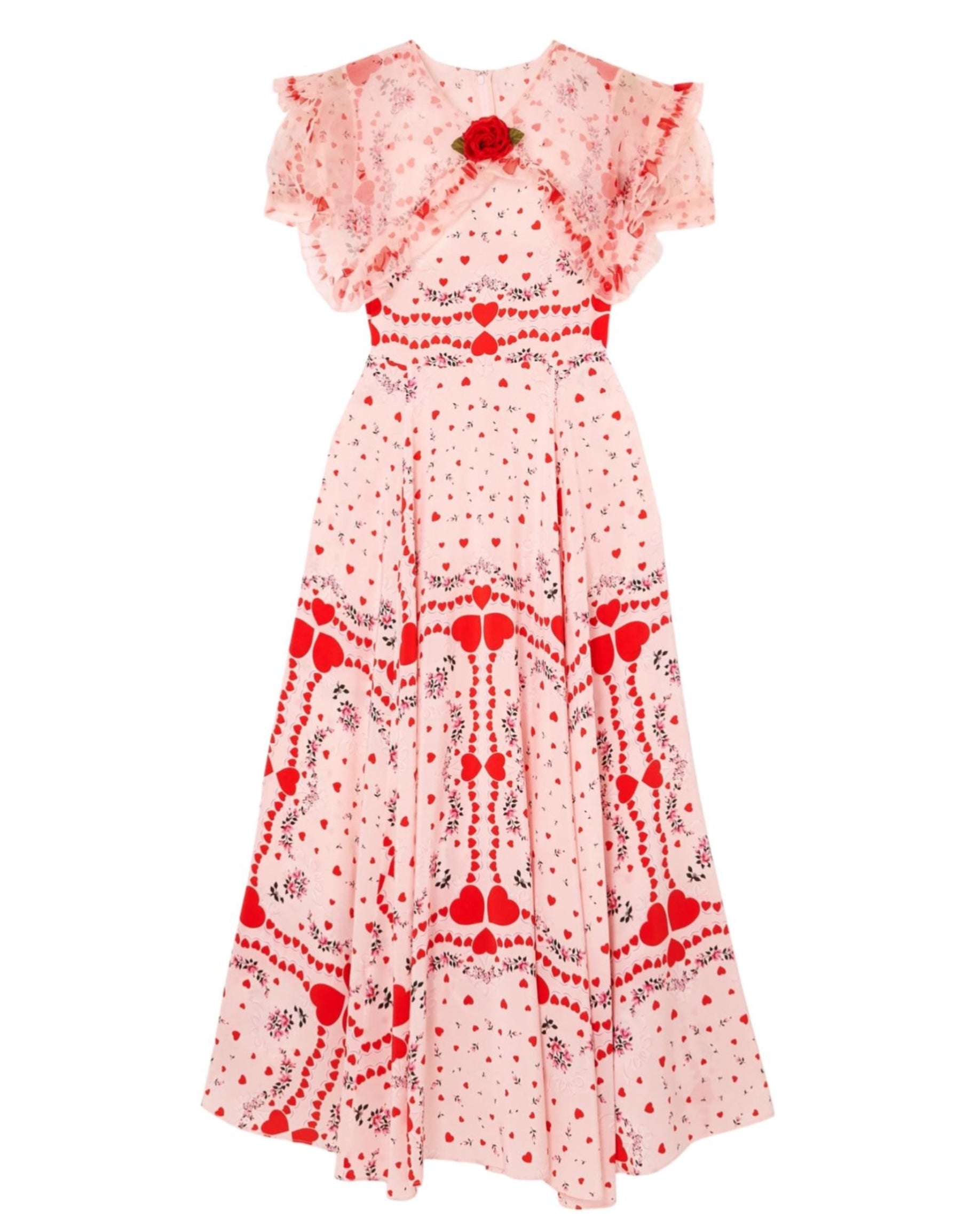 2020 Rodarte Pink Red Heart Print Silk Dress with Ruffle Collar