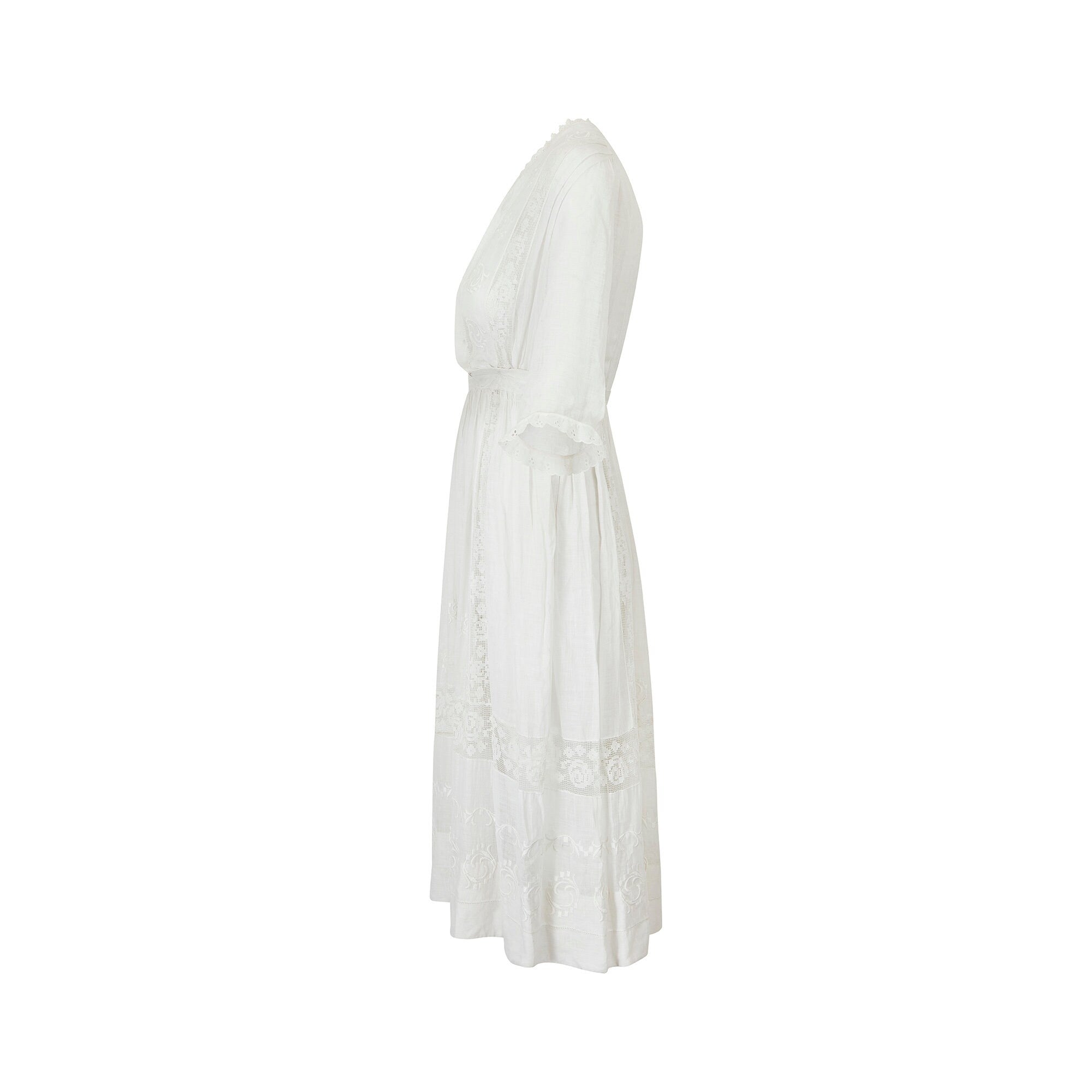 1910s White Cotton Dress with Satin Work and Filet Lace Inserts