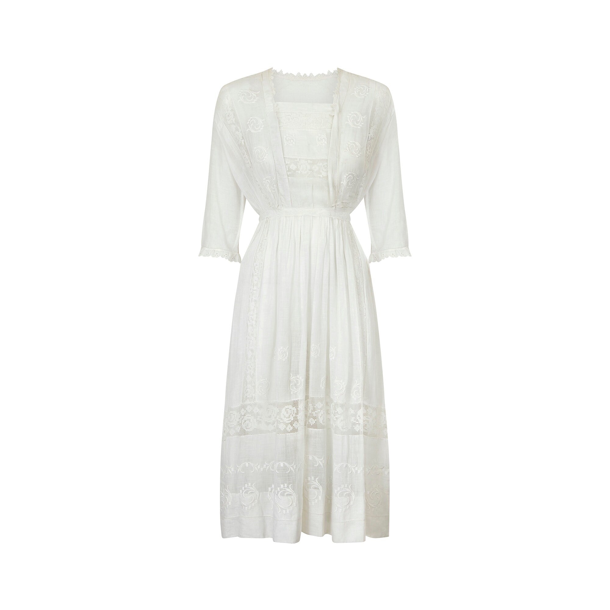 1910s White Cotton Dress with Satin Work and Filet Lace Inserts