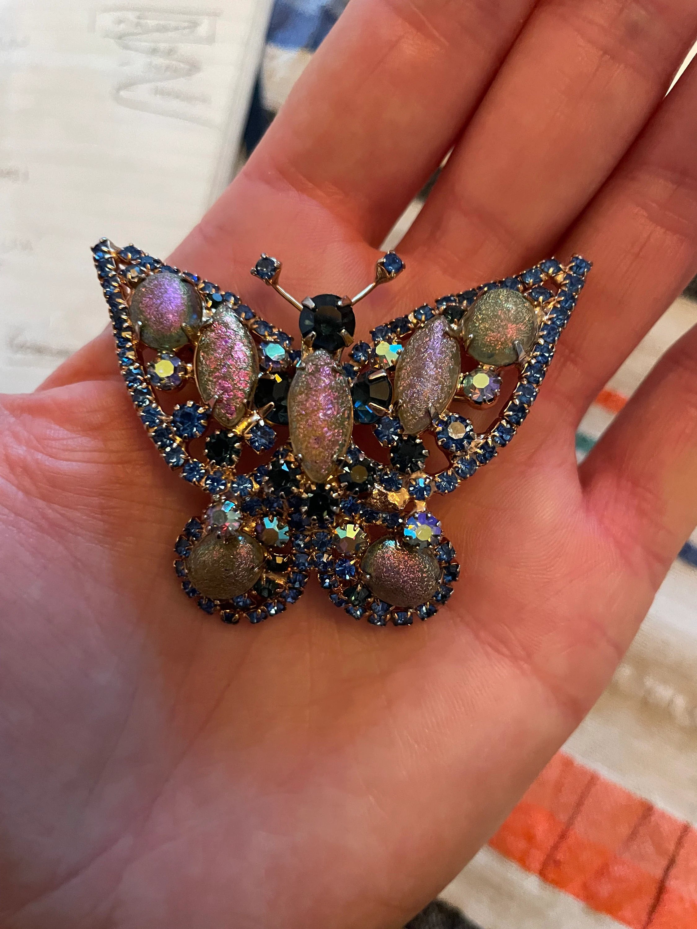 1950s Hattie Carnegie Iridescent Pink & Blue Butterfly Brooch Pair