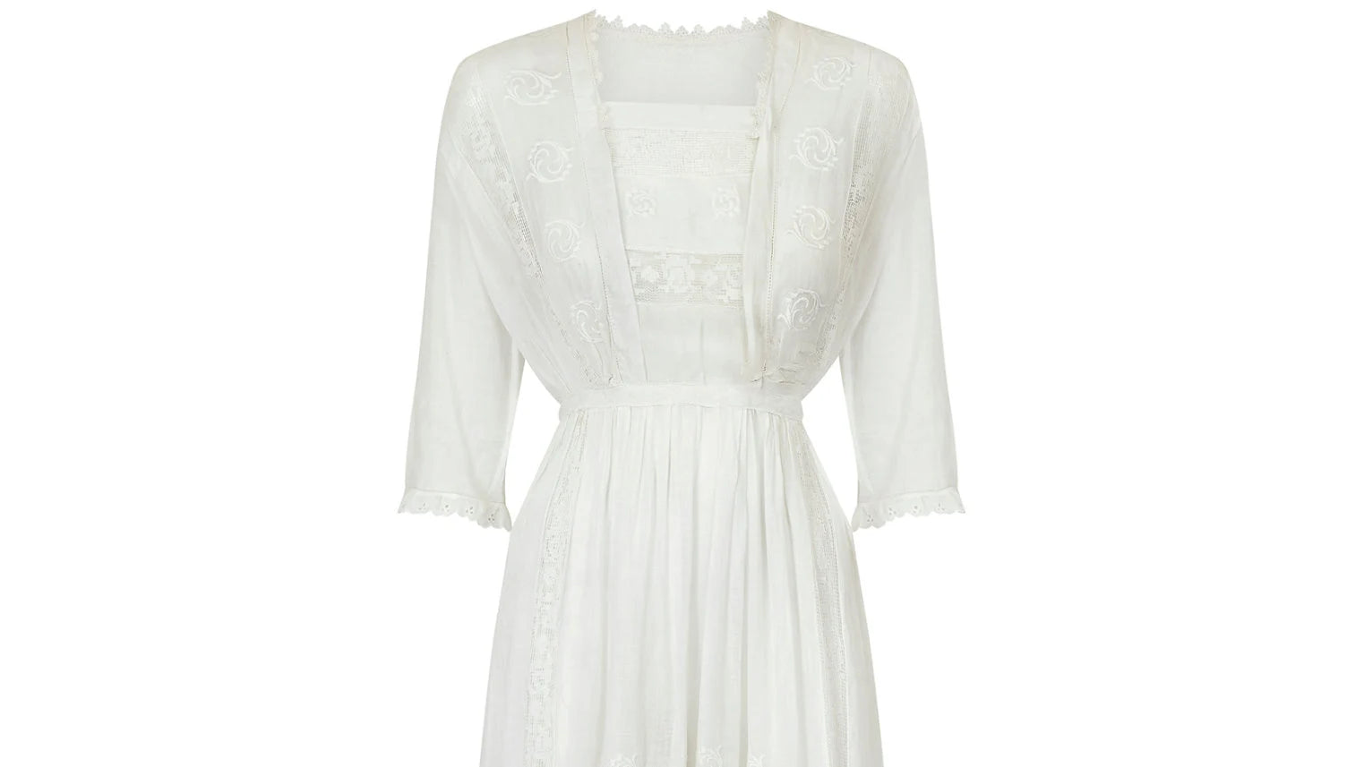 1910s White Cotton Dress with Satin Work and Filet Lace Inserts