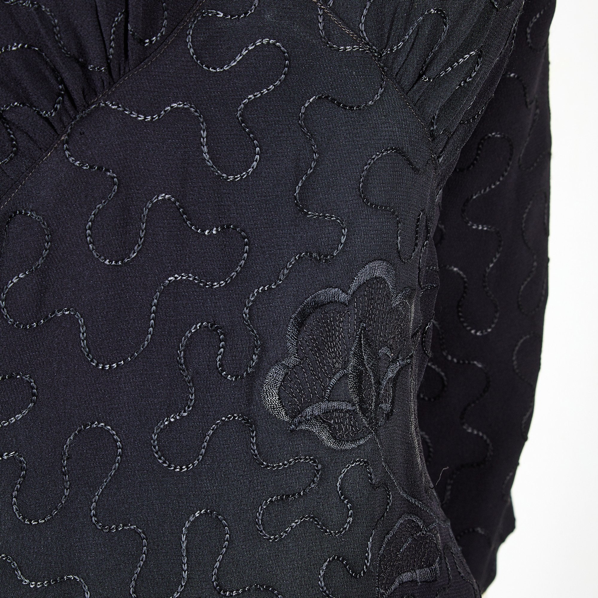 1940s Embroidered Black Rayon Dress