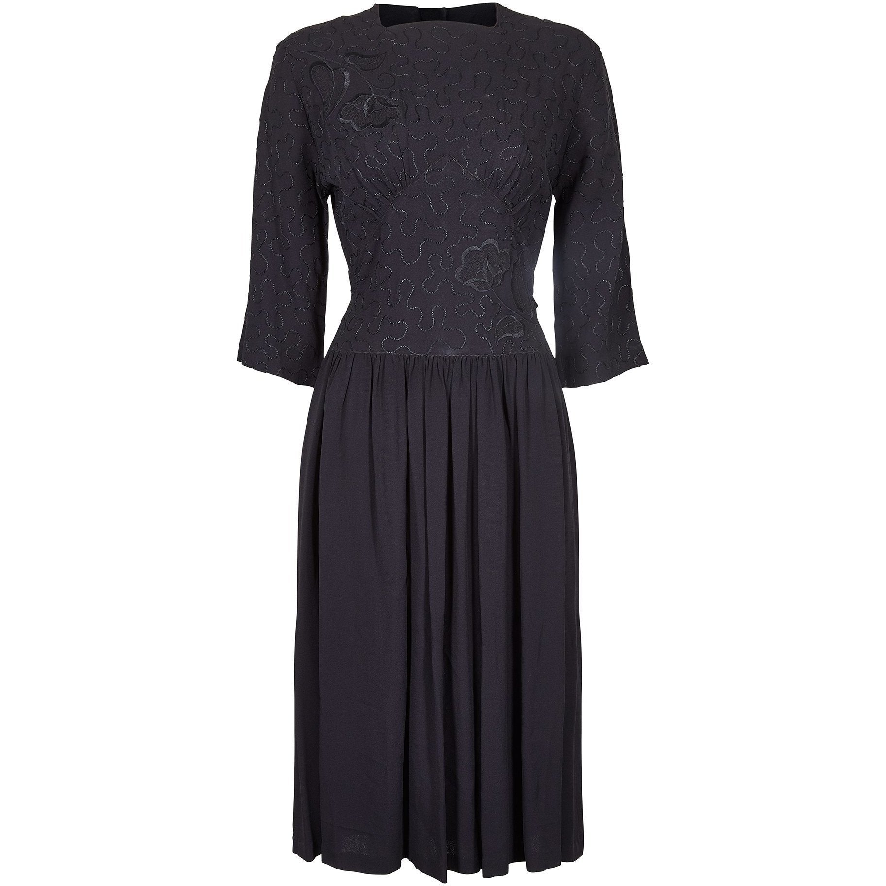 1940s Embroidered Black Rayon Dress