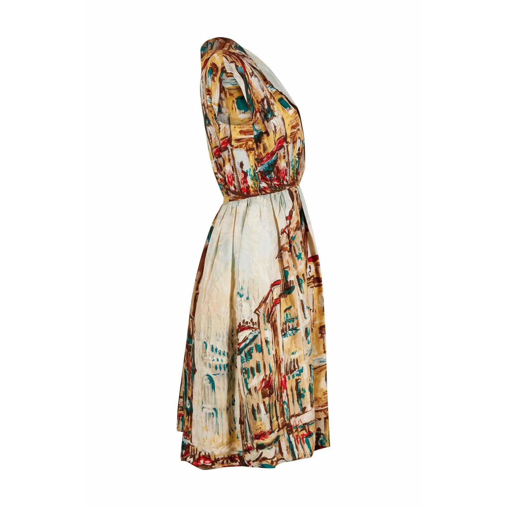 1950s Novelty Abstract Printed Silk Dress With Broad Lapel and Button Detail