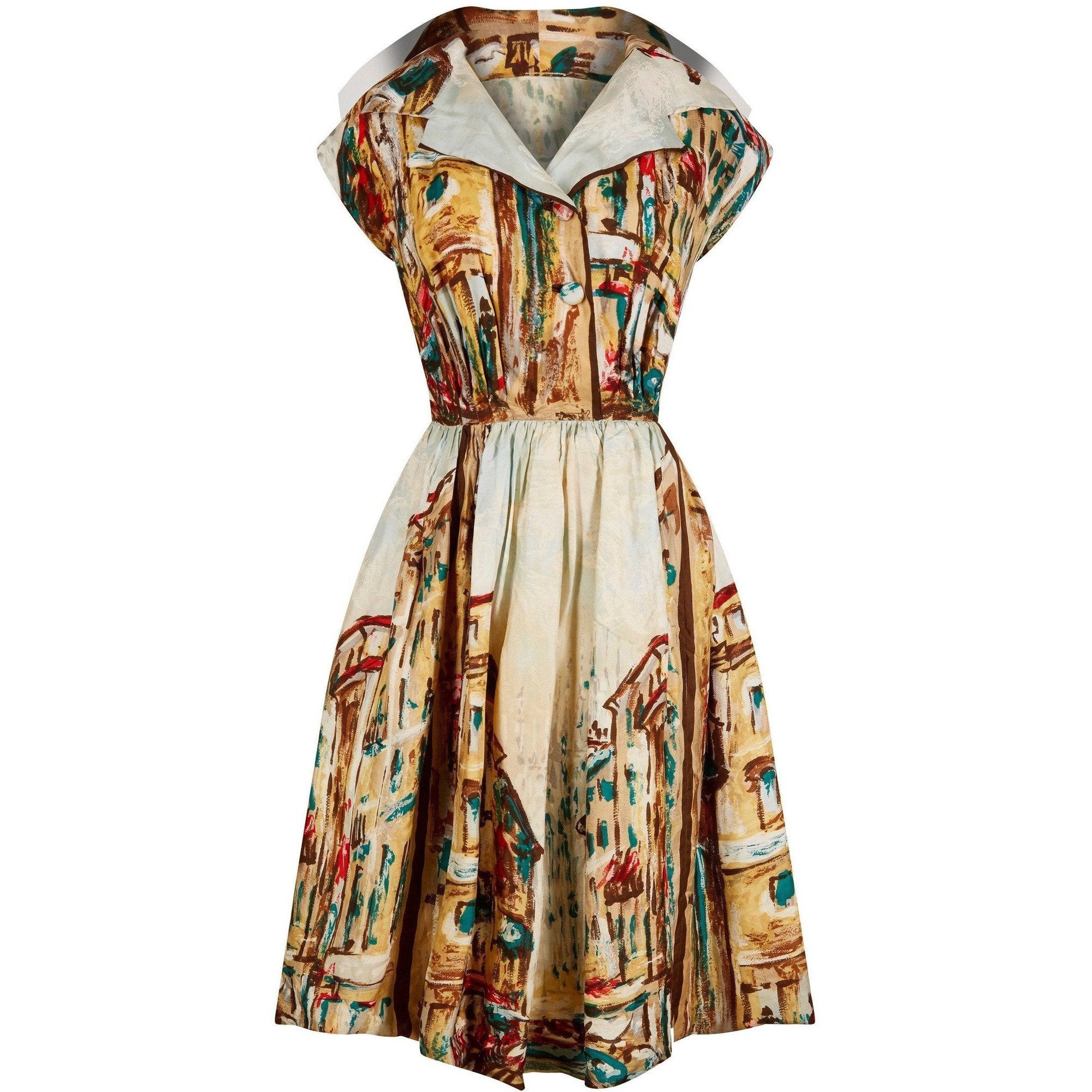 1950s Novelty Abstract Printed Silk Dress With Broad Lapel and Button Detail