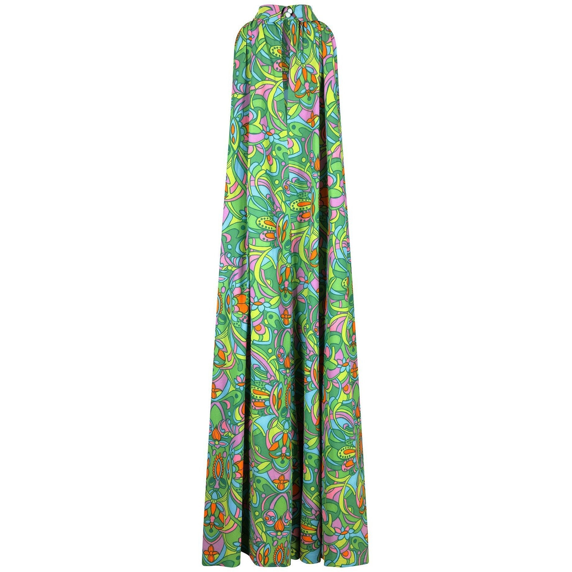 1970s Green Psychedelic Floral Print Trapeze Maxi Dress