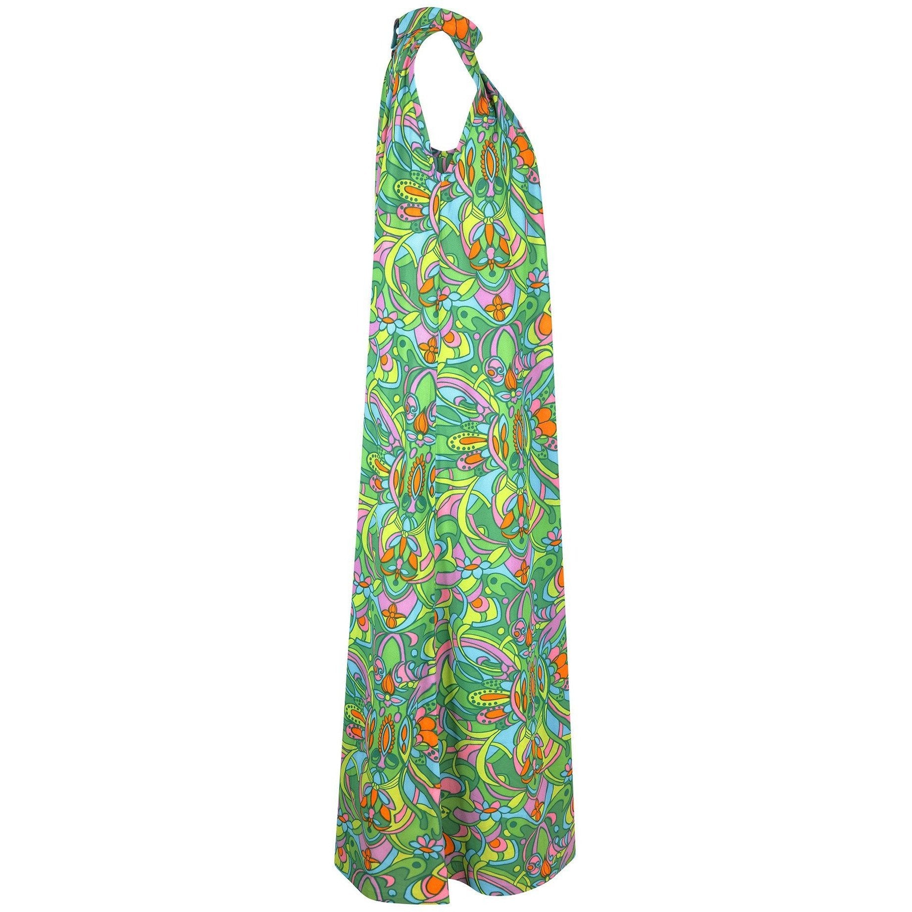 1970s Green Psychedelic Floral Print Trapeze Maxi Dress