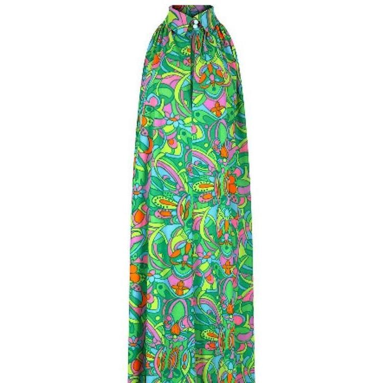 1970s Green Psychedelic Floral Print Trapeze Maxi Dress