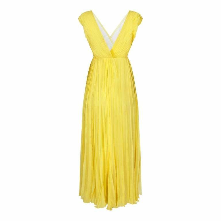 ARCHIVE- 1970s Ted Lapidus Lemon Yellow Pleated Chiffon Dress