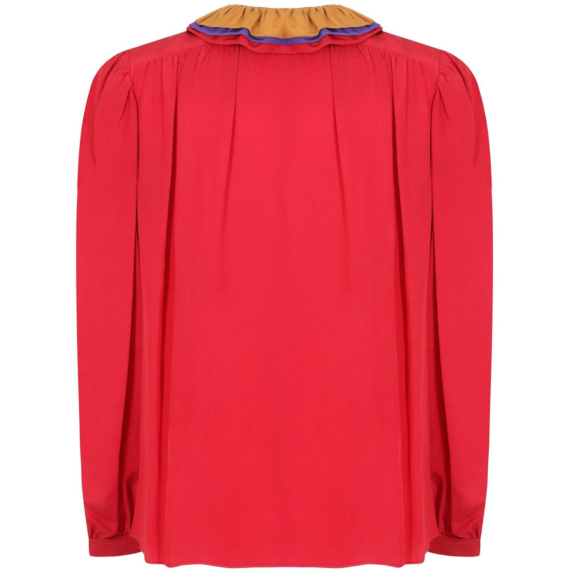 1970s Ted Lapidus Silk Red Blouse with Ruffle Collar