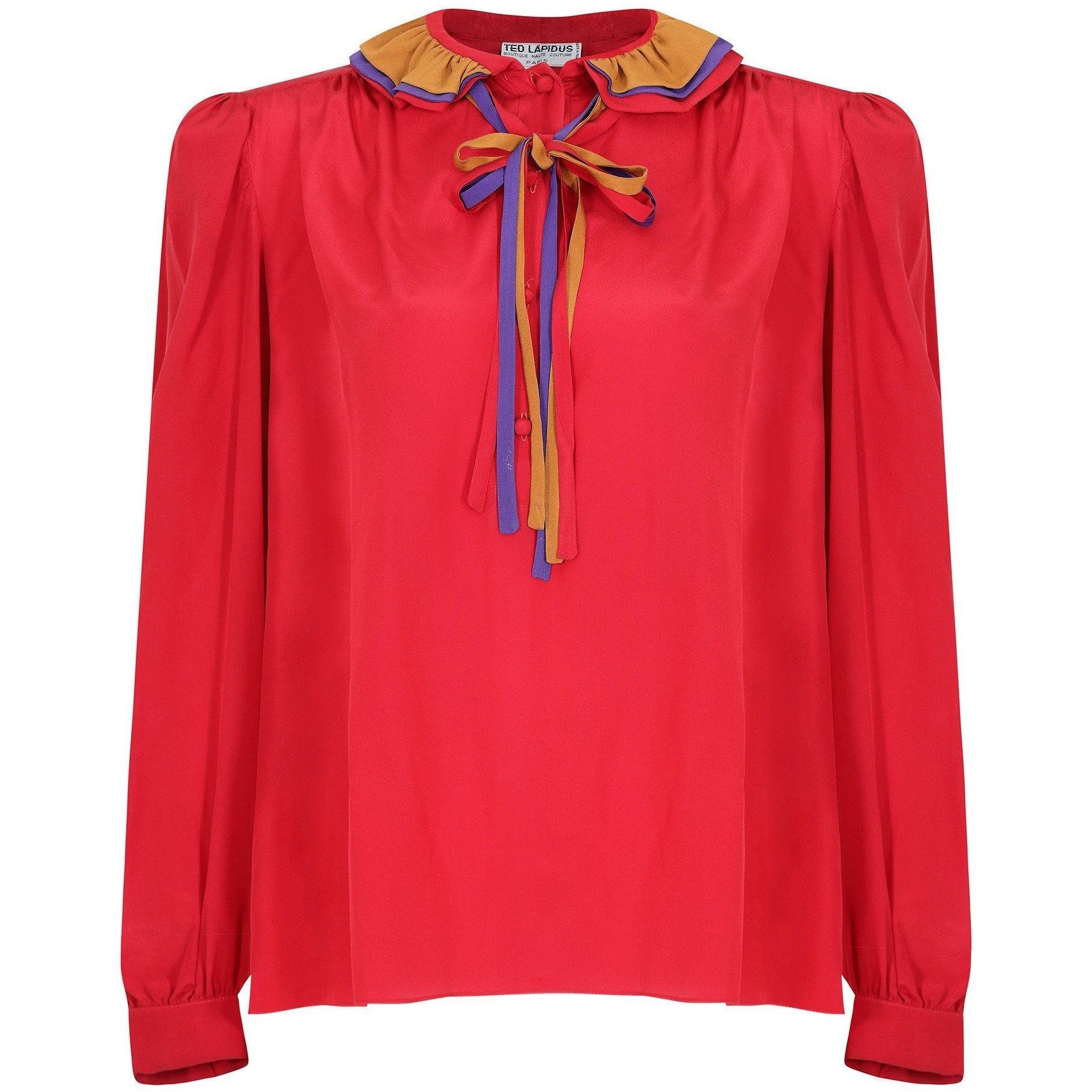 1970s Ted Lapidus Silk Red Blouse with Ruffle Collar