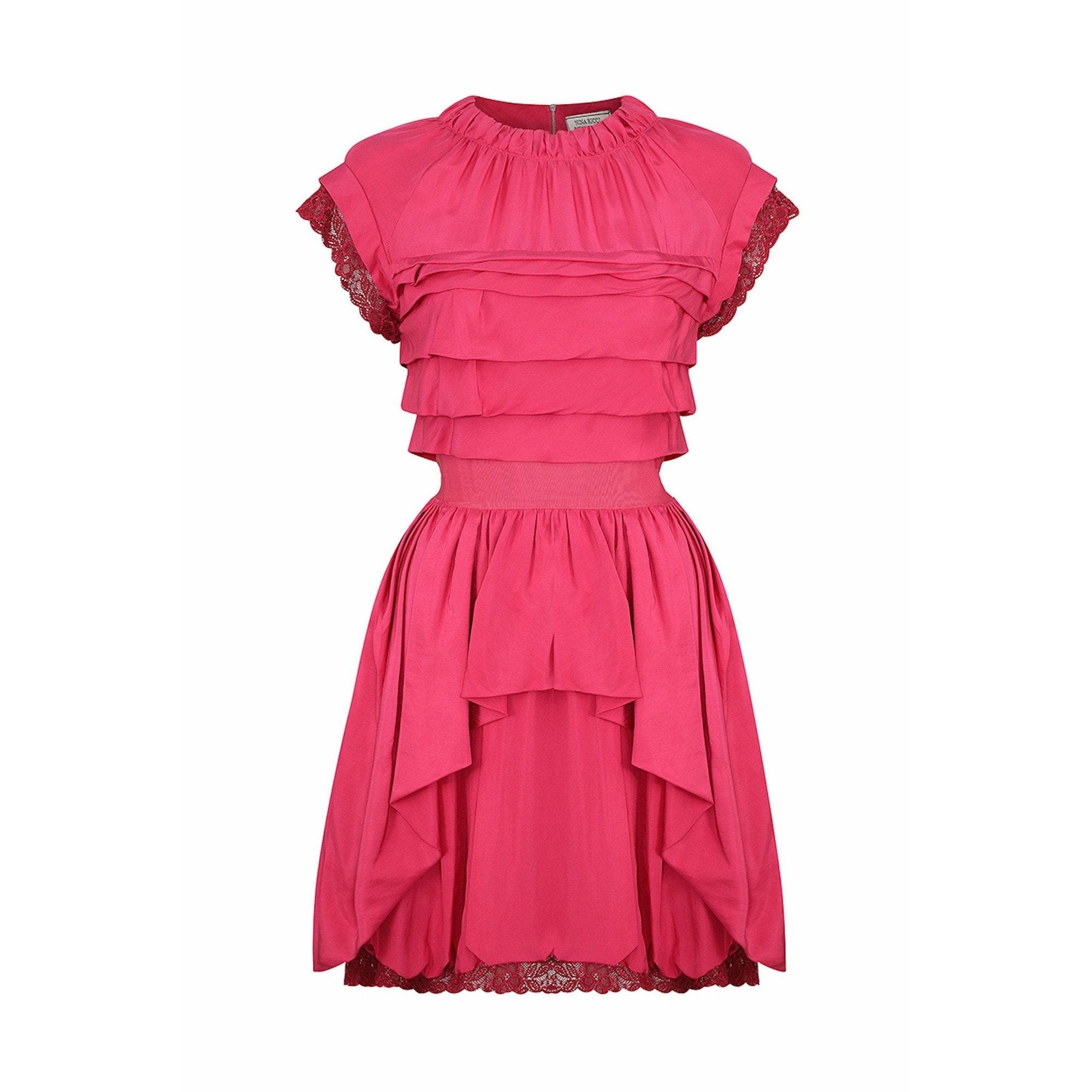 2000's Nina Ricci Deep Pink Silk Pleated dress With Lace Trim