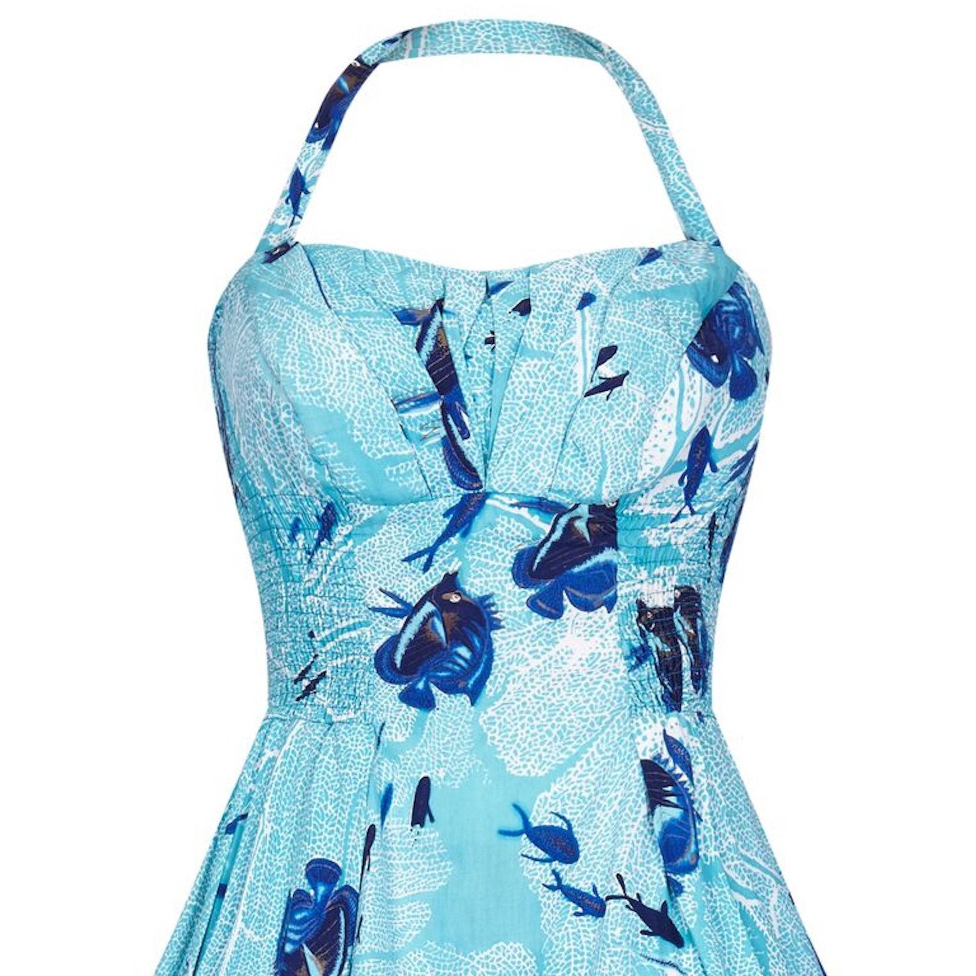 ARCHIVE - Alfred Shaheen 1950s Aquamarine Hawaiian Cotton Sundress With Novelty Fish Print