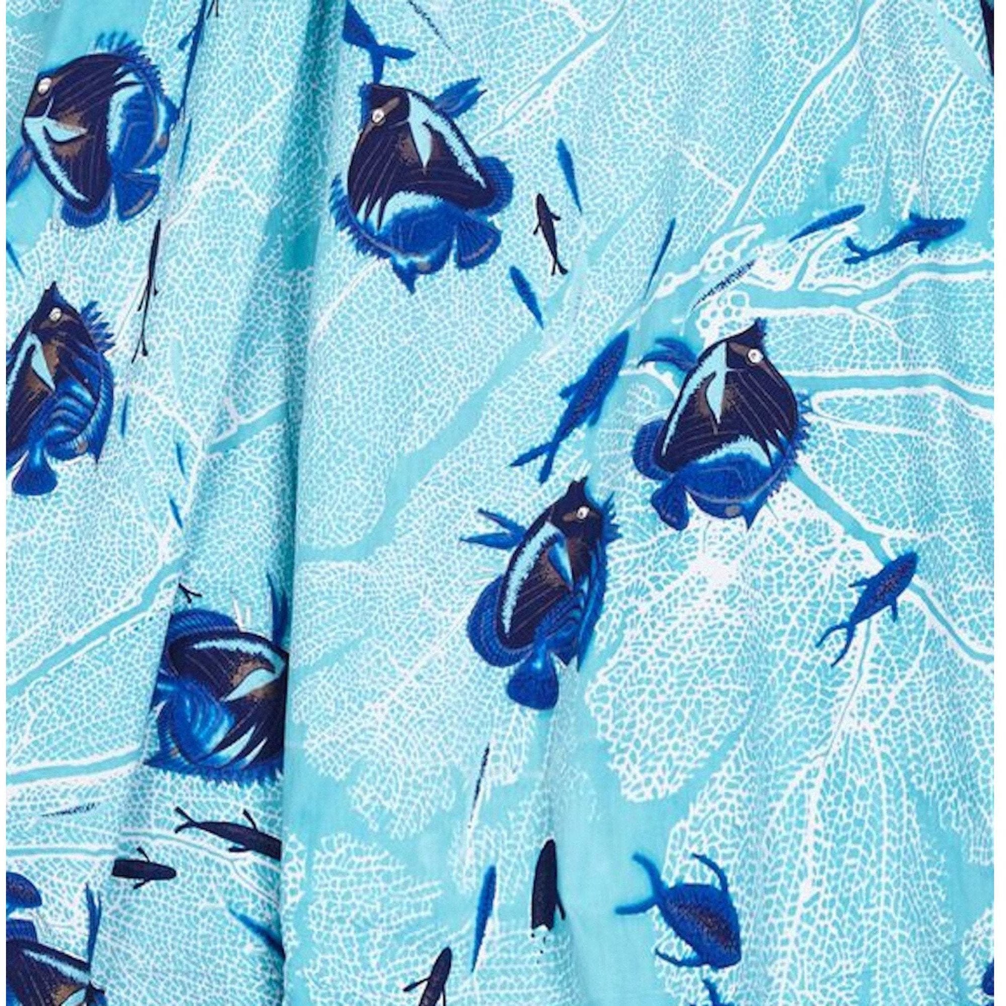 ARCHIVE - Alfred Shaheen 1950s Aquamarine Hawaiian Cotton Sundress With Novelty Fish Print