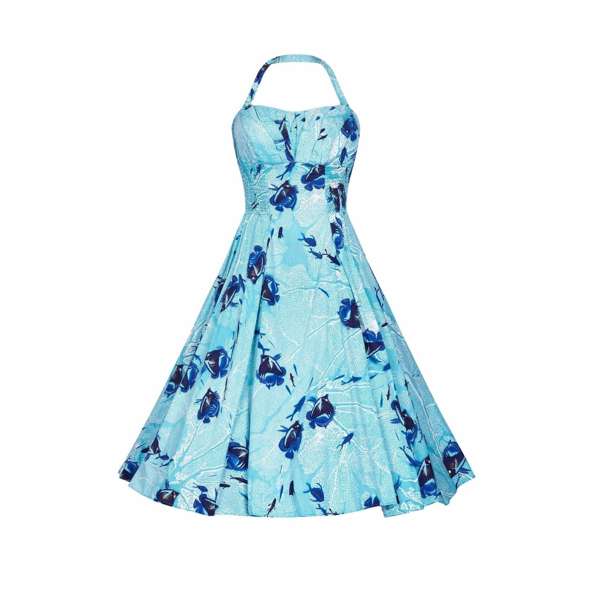 ARCHIVE - Alfred Shaheen 1950s Aquamarine Hawaiian Cotton Sundress With Novelty Fish Print